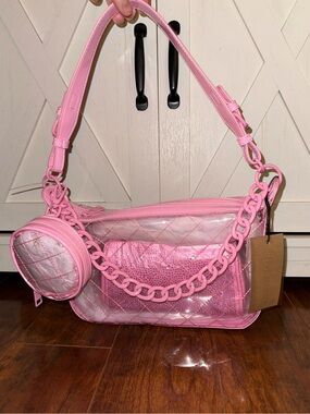 Steve Madden Pink Clear Quilted Shoulder Bag with Chain and Pouch